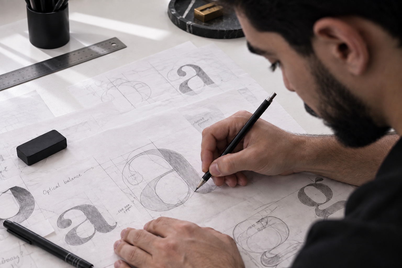 Type designer sketching and refining letterforms by hand